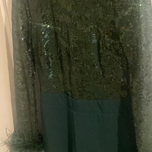 Lulu's Limitless Radiance Green Sequin Feather Long Sleeve Jumpsuit Size Medium